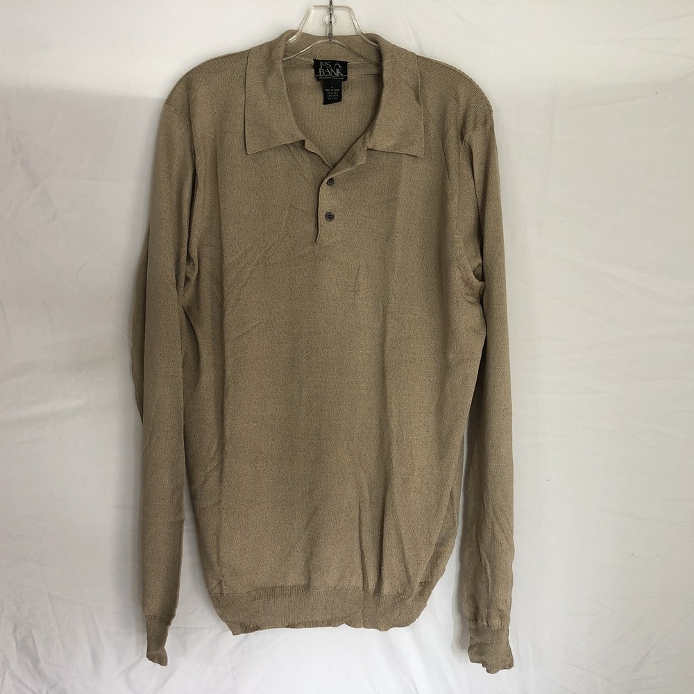 Jos A Bank Sweater Mens Large Beige 100% Silk Collared Knit Pullover Long Sleeve